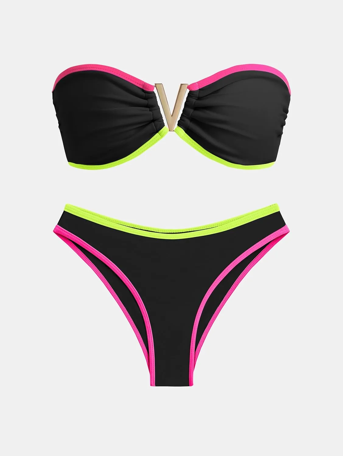 ZAFUL Women's Bandeau Bikini V Strapless Confetti Colorblock Tie Back High Cut Two Piece Swimsuit Bathing Suits