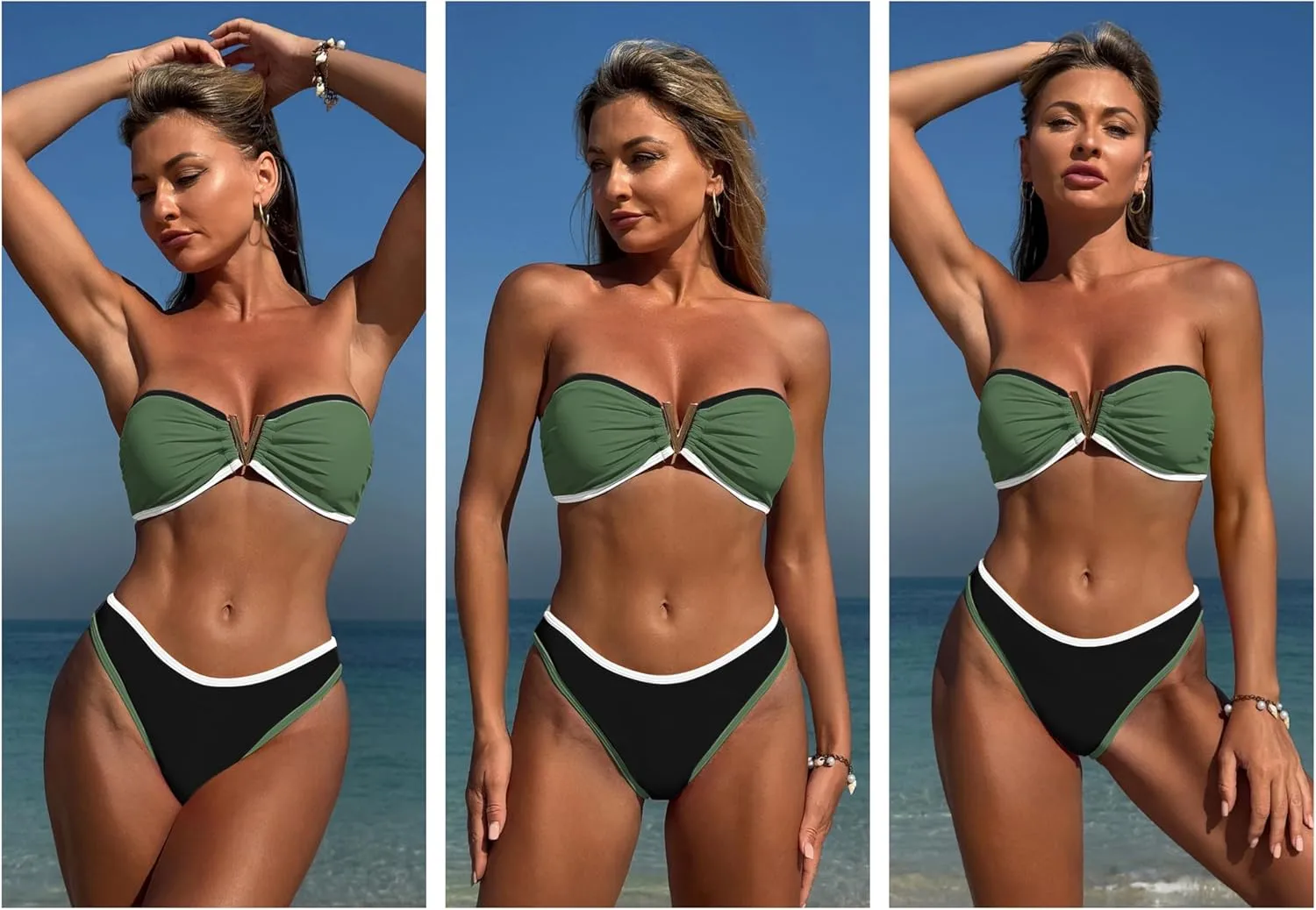 ZAFUL Women's Bandeau Bikini V Strapless Confetti Colorblock Tie Back High Cut Two Piece Swimsuit Bathing Suits