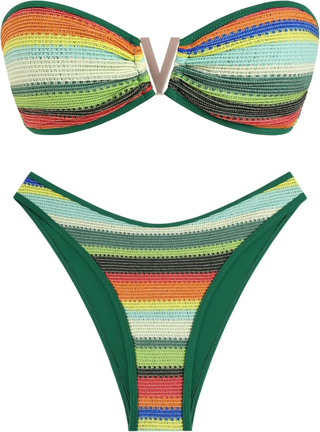 ZAFUL Women's Bandeau Bikini V Strapless Confetti Colorblock Tie Back High Cut Two Piece Swimsuit Bathing Suits