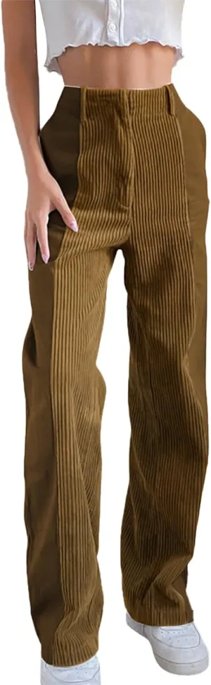 ZYXTIM Womens Vintage Corduroy Pants Stretch Comfy Straight Leg Pleated Solid Trousers Loose Business Casual Work Pants